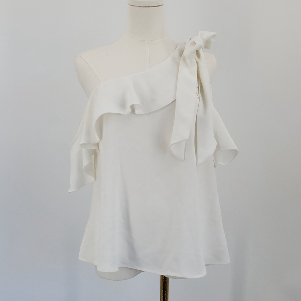 Trina Turk Hot Springs Top XS White One Shoulder Bow Ruffle Asymmetrical USA - Picture 2 of 10